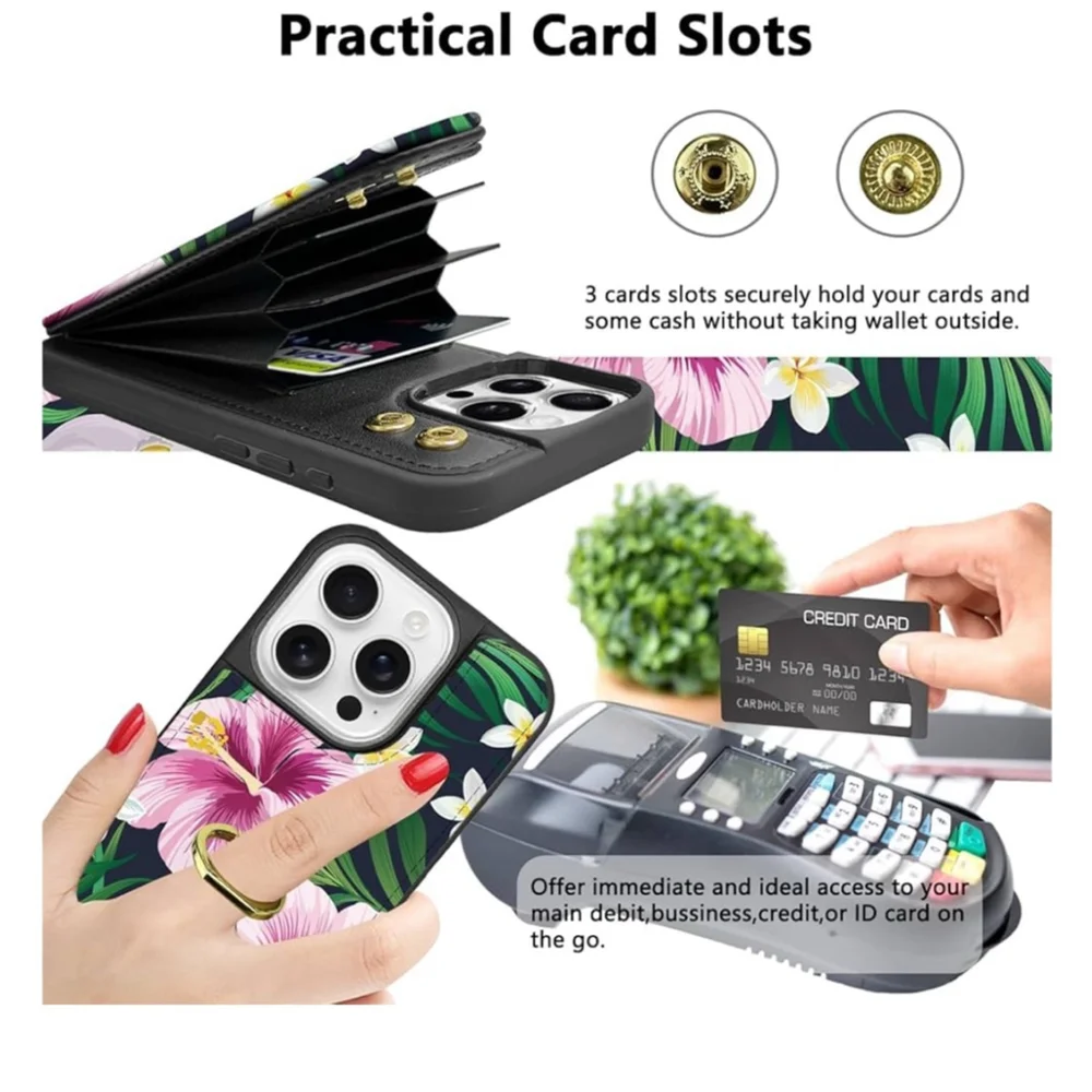 TopPerfekt iPhone 16 Pro Case Wallet Floral Green RFID rotating ring kickstand